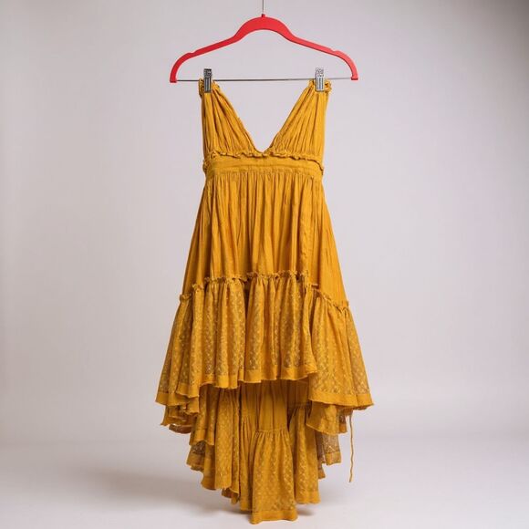 Free People 100 Degree Mini Dress Yellow Marigold Sz Sm Boho Flowy Summer Dress - Picture 6 of 11